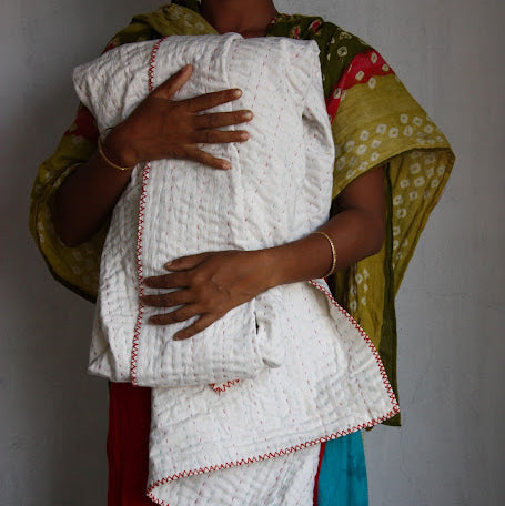 kantha - white cotton / red threadwork