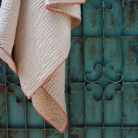 kantha - white cotton / red threadwork